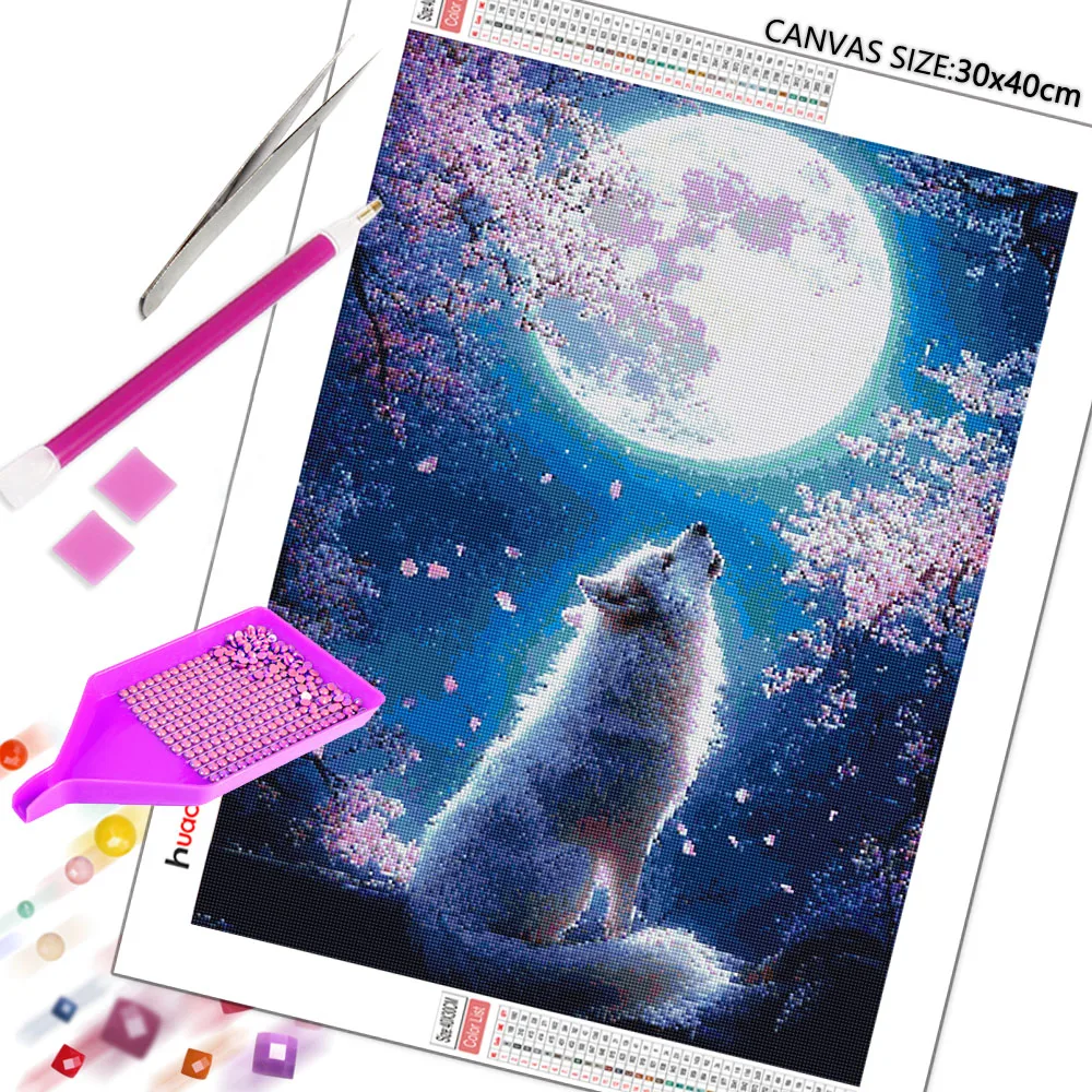 Huacan Diamond Painting Wolf Moon Diamond Mosaic Animal Flower Complete Kit Decorative Paintings