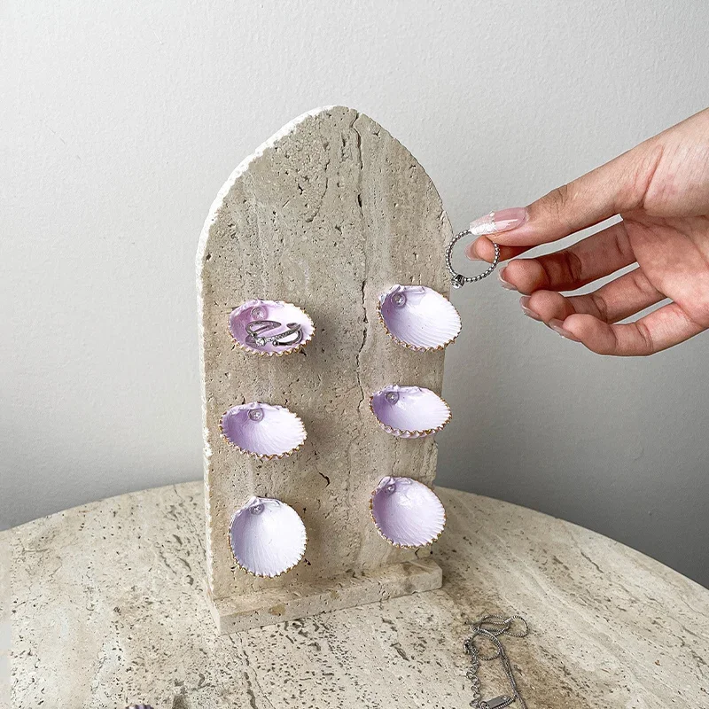 

Natural Marble Jewelry Display Holder with Shell Decorative Travertine Jewelry Stand for Ring Necklace Earring Bracelet