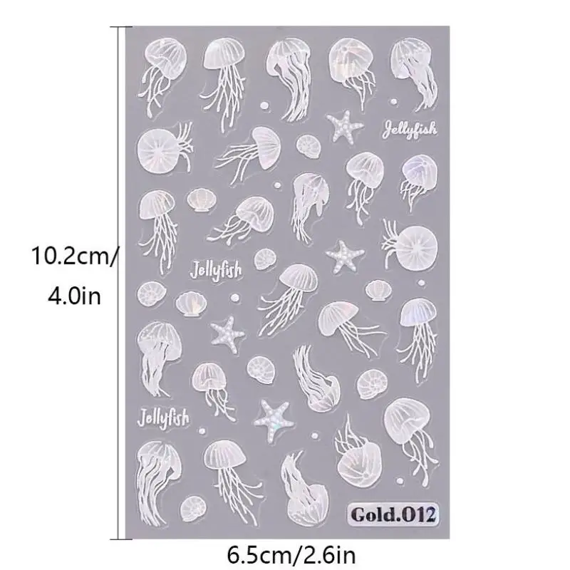 해파리 여름 해변 네일 스티커 다채로운 쉘 불가사리 조가비 물고기 접착 슬라이더 양각 데칼 매니큐어 포일 장식
