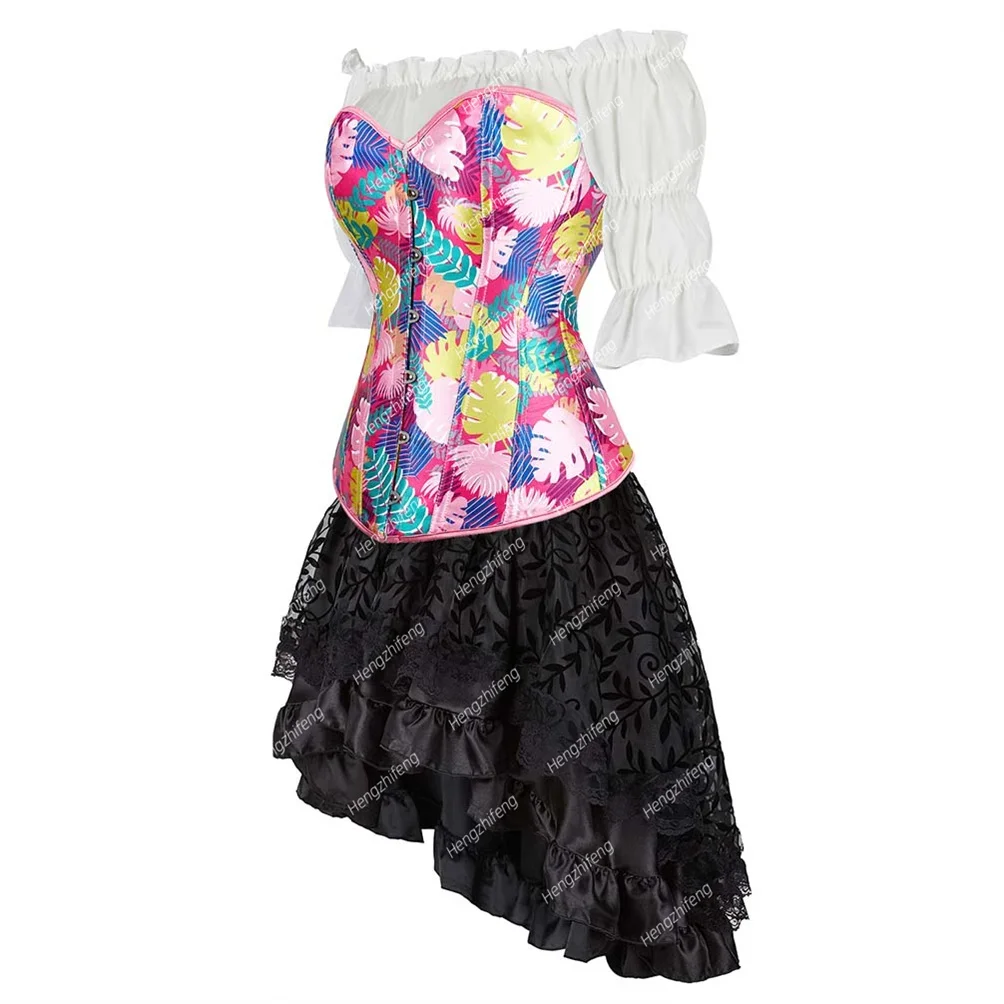 Burlesque Corset Skirt and Skirt Print Bustier Lace Up Basques Corsets 3 Piece Cheerleader Outfits Halloween Costumes Plus Size