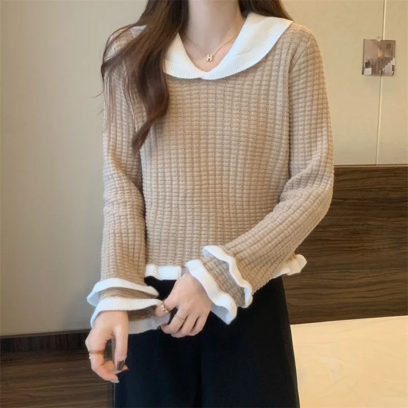 Pullovers Women Sweet Peter Pan Collar Flare Sleeve Knitted Slim Korean Fashion Y2k Clothes Sweaters Streetwear Tops Fairy Ins