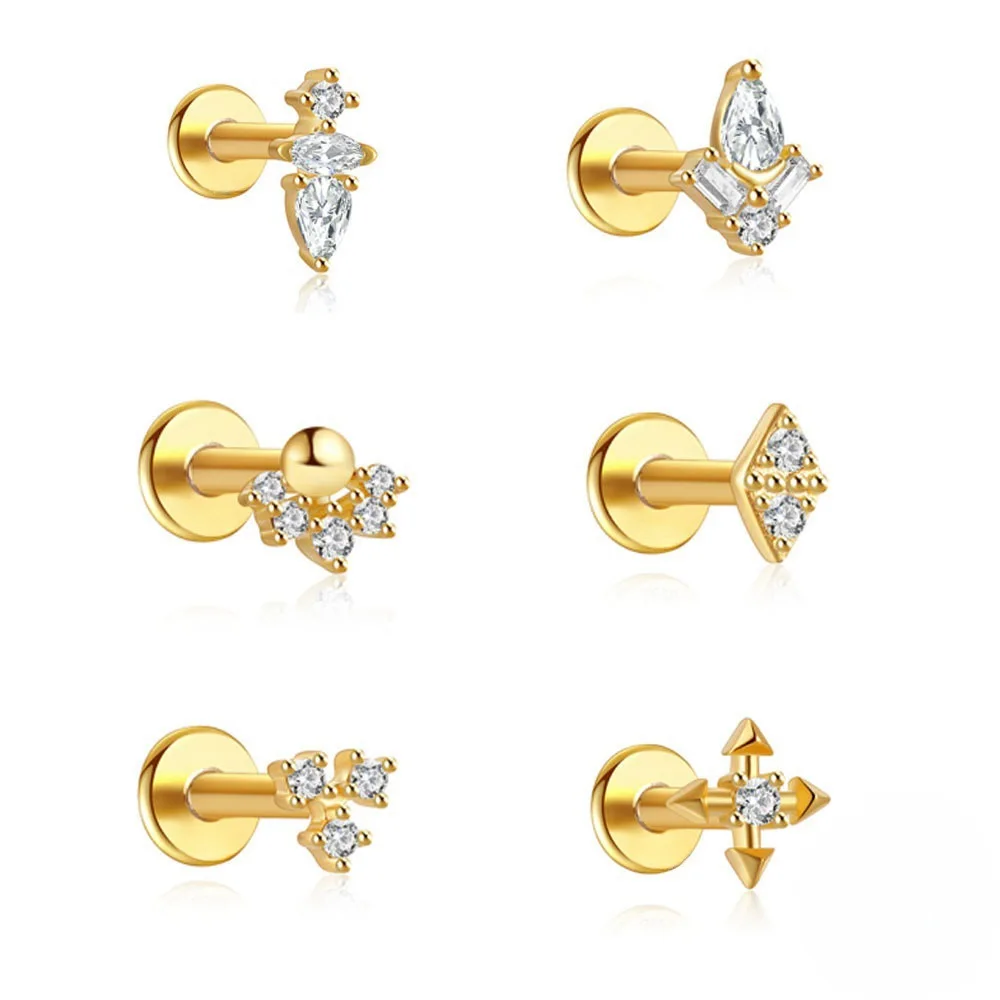 Pendiente de cartílago de mariposa CZ de cristal de acero inoxidable, tuerca con rosca interna, parte posterior plana, hélice, Tragus, Concha, Daith, 1 ud.