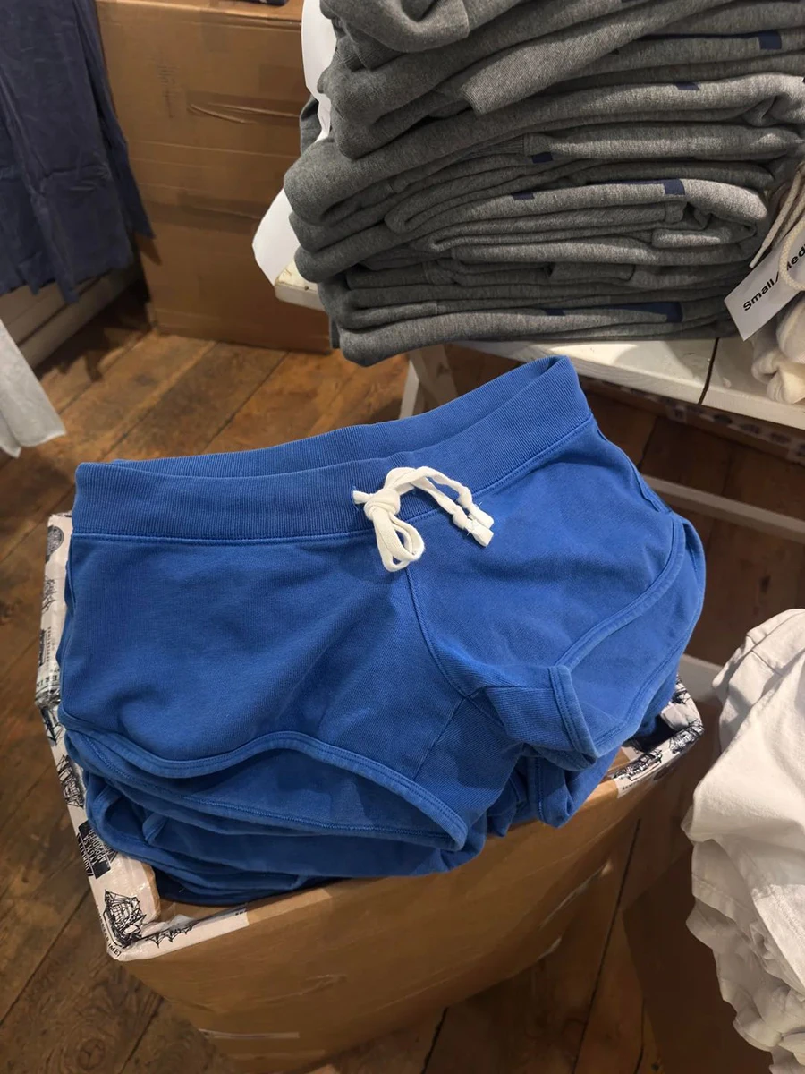 Damskie szorty sportowe w stylu vintage, niebieskie, ze sznurkiem, elastyczna talia, luźne, typu boxerki, streetwear, modne, codzienne, nowe.