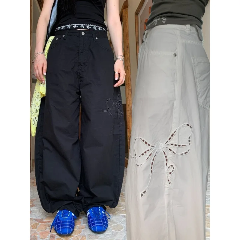 Streetwear Bow Hollow Loose Casual Pants Women 2026 Summer High Waist Fashionable Solid Color All-match Pants