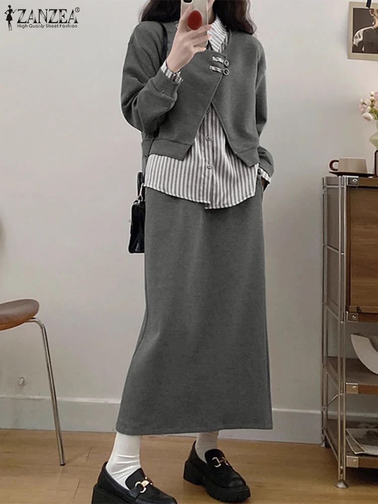 

ZANZEA Women's Street Fashion 2-Pieces Skirt Sets Casual Fake-Two-Pieces Tops Elegant Midi Skirts Outfit Korean Style 2pcs Suits