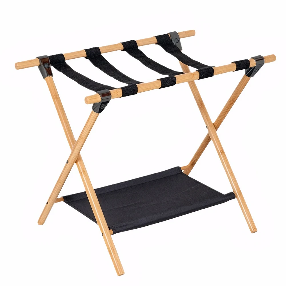 Bamboo Suitcase Stand Foldable Luggage Stand with Nylon Straps Suitcase Bracket Suitable for Guest Room Bedroom Hotel