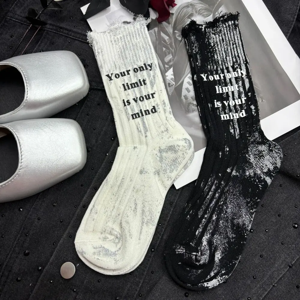 Unique Ripped Hollow Socks Womne Letter Stripe Mid-Calf Socks Personality Streetwear Punk Tube Sock Girl