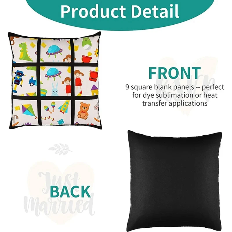 6Pcs Sublimation Blank Panel Pillow Case DIY Polyester Cushion Cover 9 Photo Heat Transfer Printing Throw Pillowcase