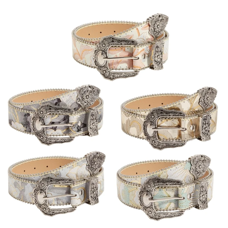 Vintage Flower Pattern Waist Belt for Women Carved Buckle PU Leather Belt Waistband for Pants Cowgirls Waist Ornament Dropship