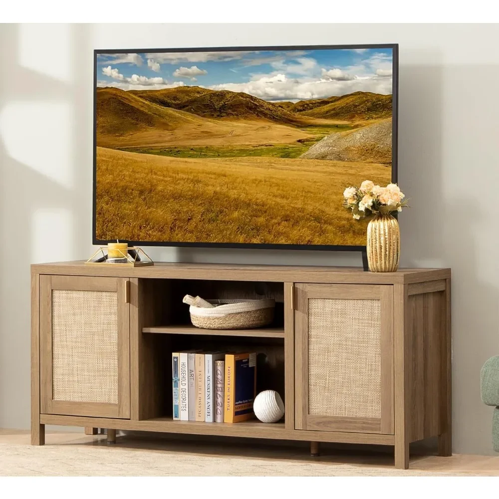 Porta TV per soggiorno: mobile consolle TV in Rattan con contenitore e ripiano, centro di intrattenimento Boho, Console multimediale da 59 "per 55