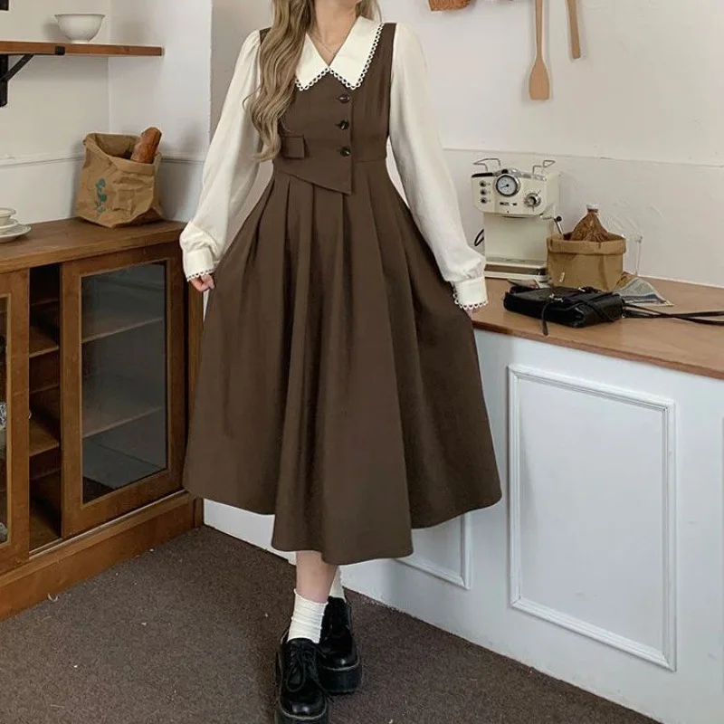 Autumn Vintage Women Dress Sweet Peter Pan Collar Long Sleeve Party A Line Fake Two Pleated Long Dress Vestido Plus Size 5XL