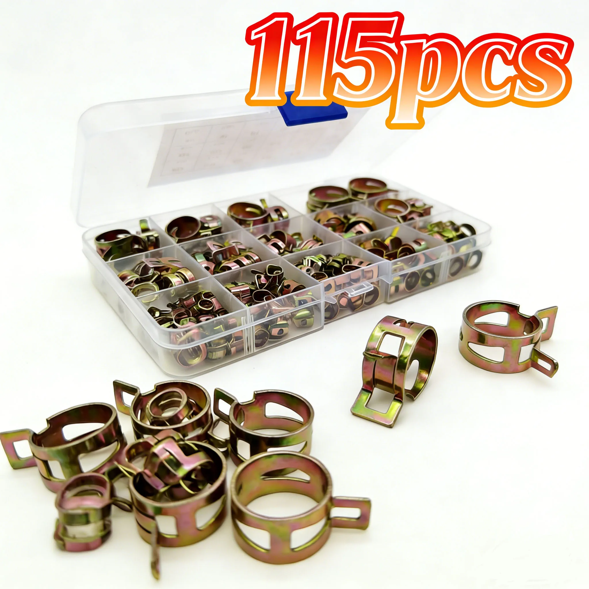 

115pcs Spring Hose Clamps Assortment Kit - 6-22mm Stainless Steel Fuel Line Water Pipe Clips for Automotive Plumbing