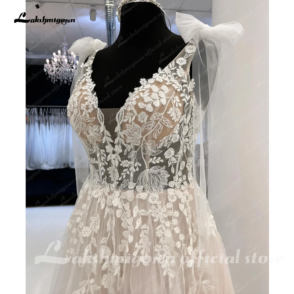 Lakshmigown Robe Mariee Floral Applique Wedding Dresses Deep V-neck See Through Bodice A Line Tulle Bridal Dress Backless Civil