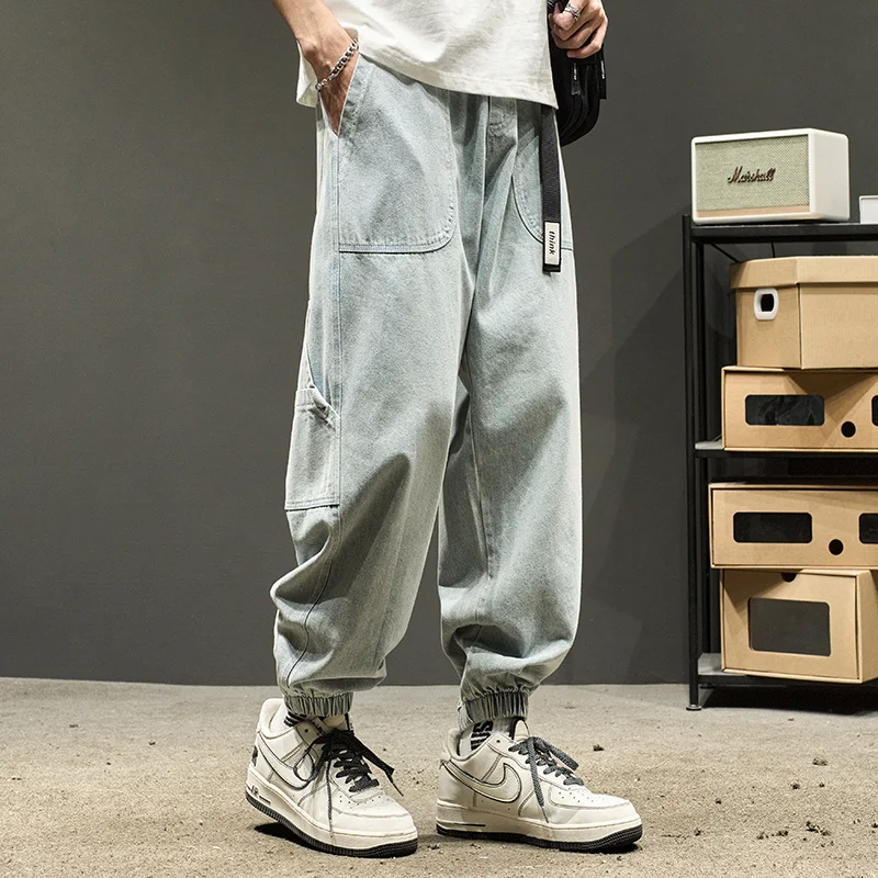 Mens Spring Fall American Work Denim Pants Loose Straight Thin Trousers Casual Versatile Ankle Banded Male Pants New