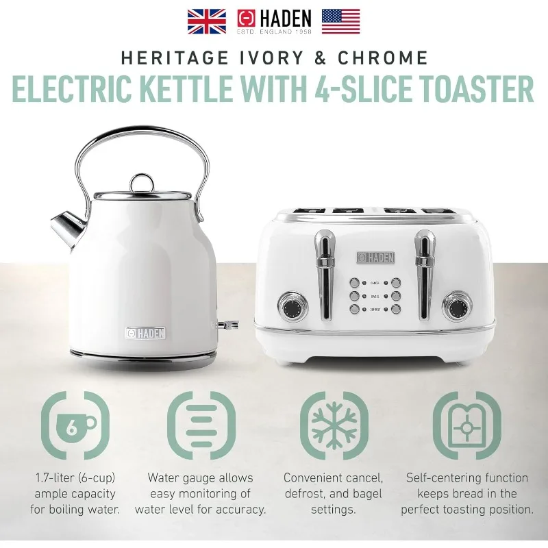 التراث الفولاذ المقاوم للصدأ الجسم الرجعية غلاية الشاي الكهربائية، الأبيض وHaden التراث 4 شرائح واسعة فتحة الفولاذ المقاوم للصدأ محمصة الرجعية