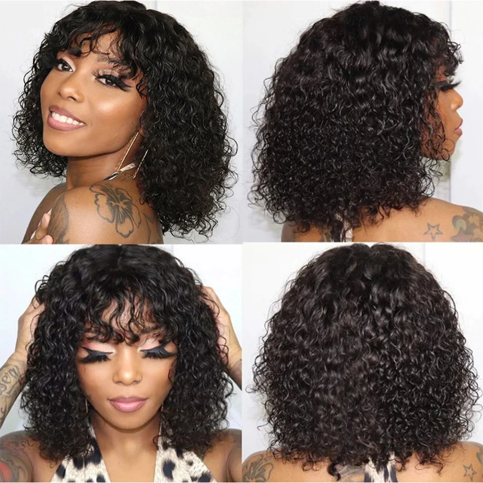 Miss Rola Jerry Curly Pixie Cut Bob Wigs 100% Human Hair Whole Machine Made Curly Bob Wig With Bangs Brazilian Remy Hair  Wig