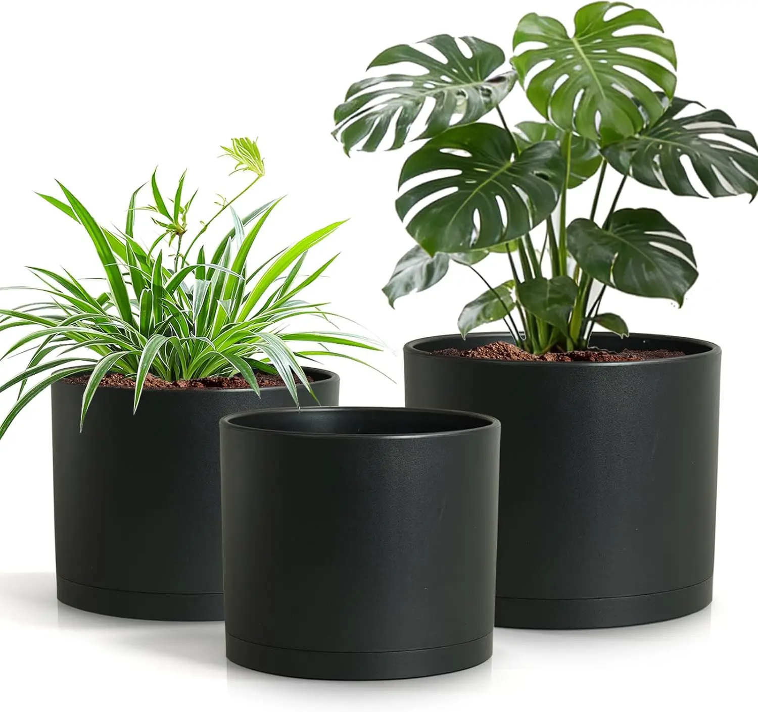 

Набор из 3-х пластиковых горшков для растений (10/9/8 дюймов) с дренажом и поддонами, современные круглые горшки для комнатных растений
