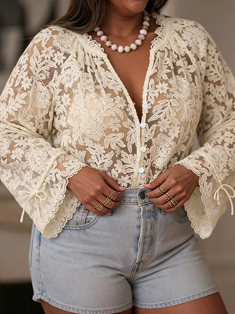 

Новый элегантный черный топ больших размеров с пуговицами, полупрозрачный кружевной топ с вышивкой, сексуальный кардиган с манжетами, галстук с длинными рукавами, женская одежда