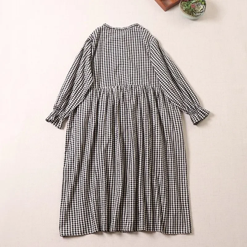 Japanese Mori Girl Vintage Plaid Cotton Linen Dress Women Spring Autumn Long Sleeve Casual Loose Single Breasted Shirt Dresses