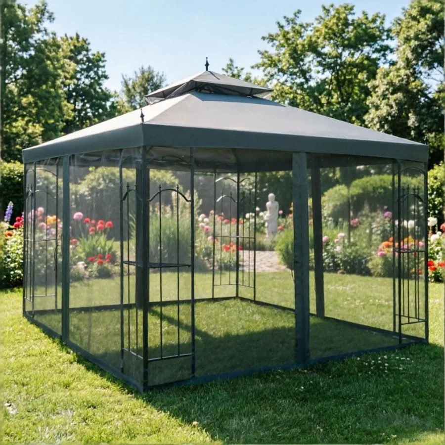 

Outdoor patio gazebo canopy for steel frame structures, gray steel material, 118'' x 118'', with removable mesh curtains and di