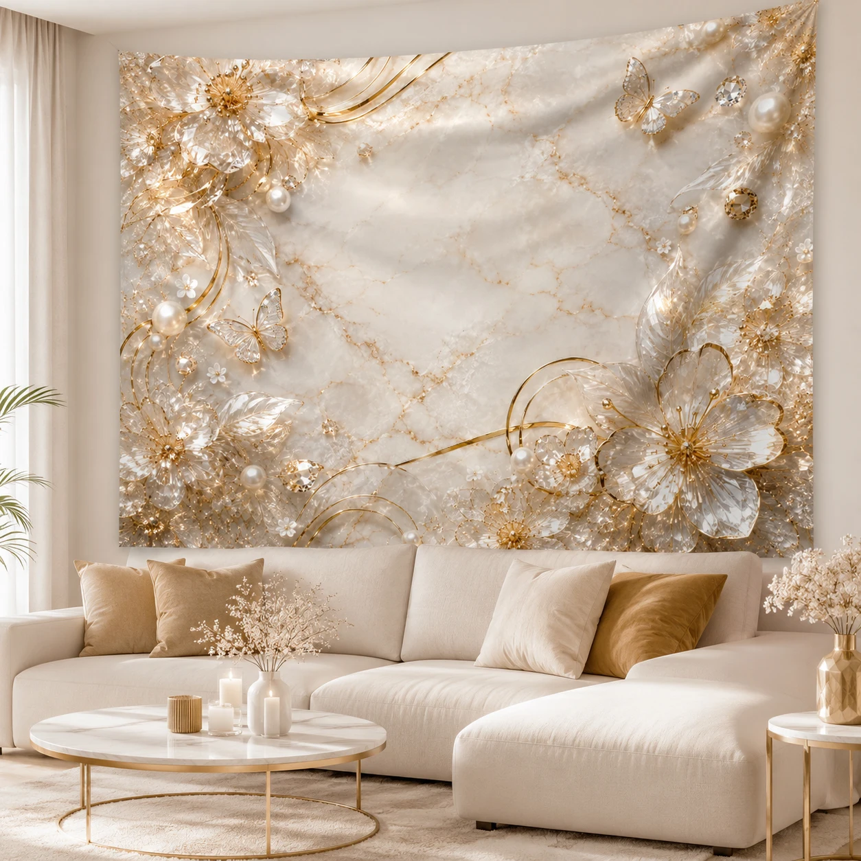 Modern Luxury Gold Flower Marble Wall Tapestry Elegant Bedroom Living Room Aesthetic Decoration Large Fabric Hanging Tapestries