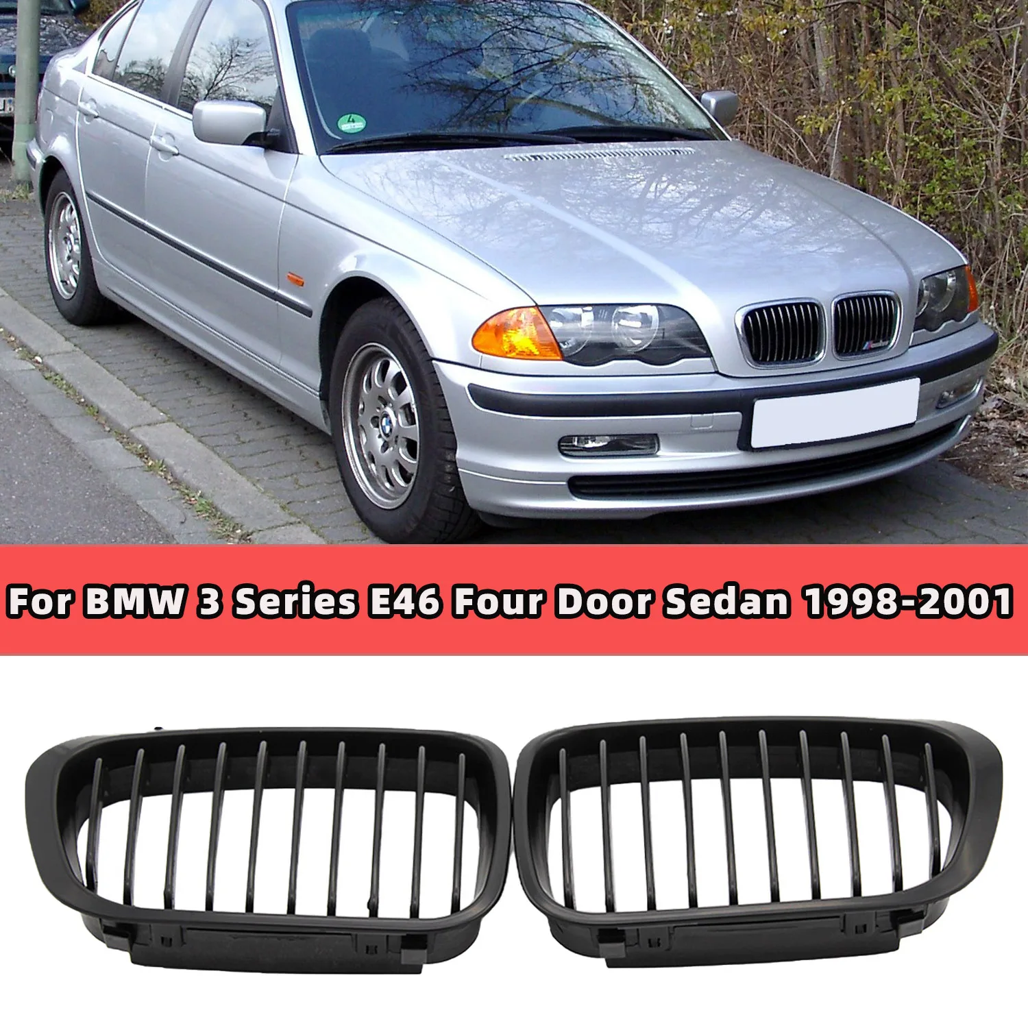 

Front Bumper Racing Grille for BMW 3 Series E46 Four Door Sedan 1998-2001 320i 323i 325i 328i 330i Matte Black One Slat Grille
