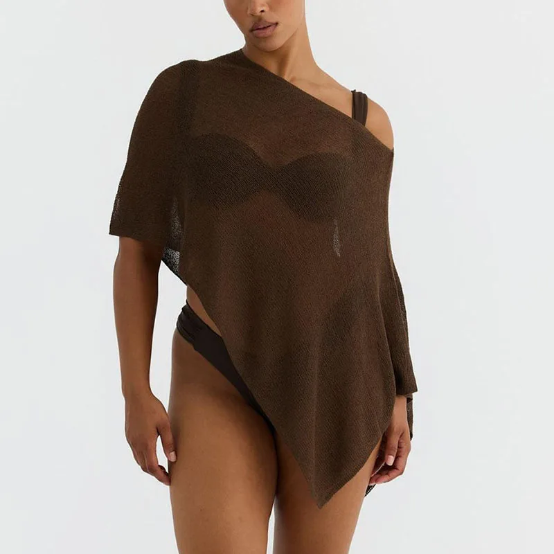 

Женский вязаный пляжный топ-накидка, сексуальный, прозрачный, с открытыми плечами, асимметричный, однотонный, летний, свободный крой