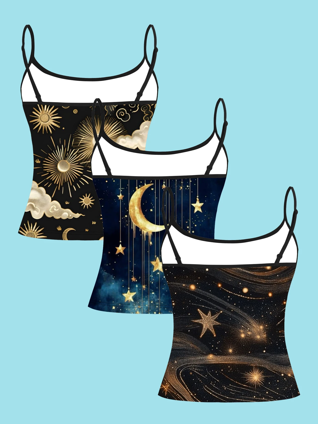 3-Piece Set of Starry Sky, Moon, and Sun Print Spaghetti Strap Tank Tops, Bohemian Mysticism Celestial Gold-Stamped Slim-Fit Sleeveless Tops, Astrology Style Inner and Outer Wear Base Layer Shirts