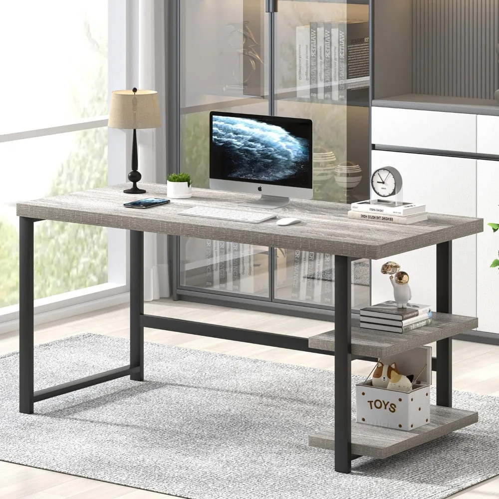 

Computer Desk, Modern Home Office Desk with Shelves, Wood Writing Study Gaming Table for Living Room Bedroom, Light Grey