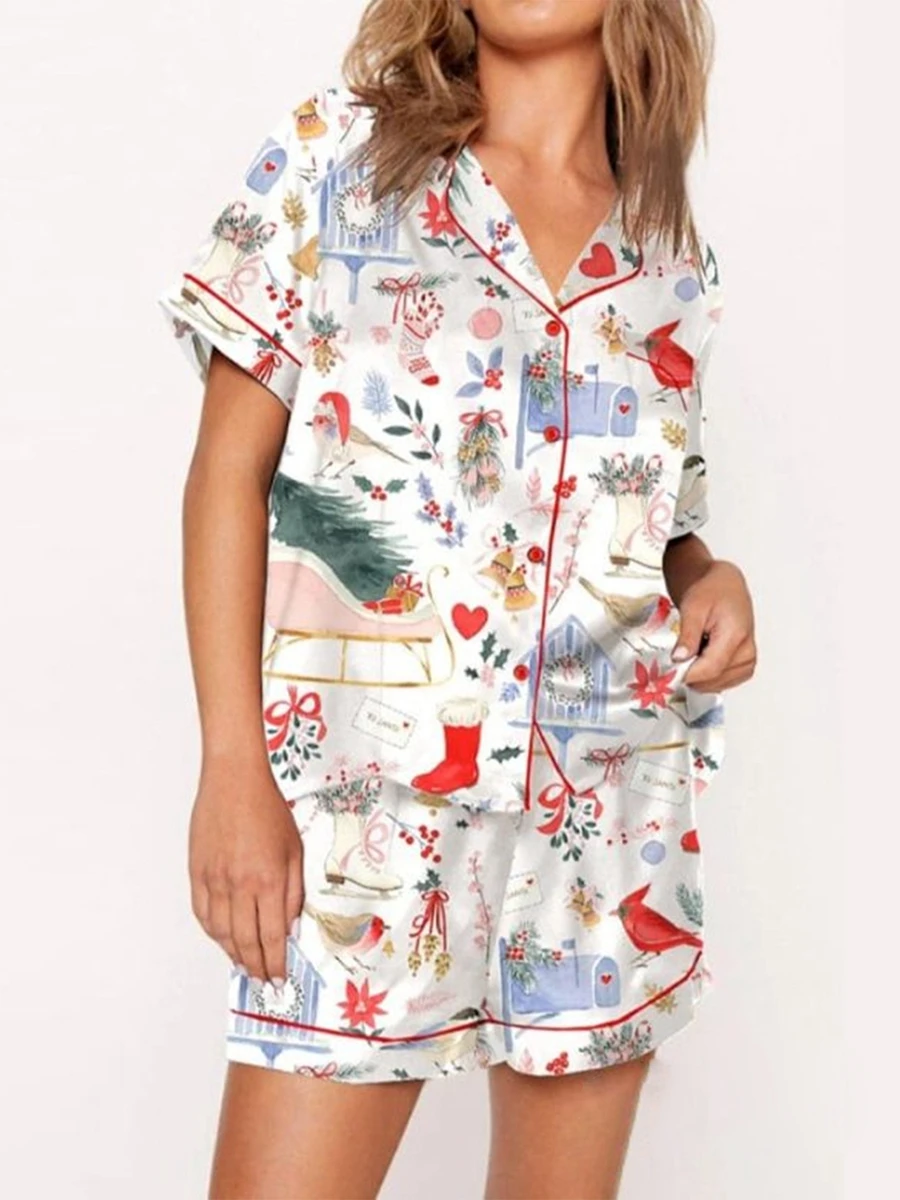 Women Comfy Two Piece Pajama Set Y2K Cartoon Printed Satin Silky Short Sleeve Button Shirts Wide Leg Shorts Pjs Loungewear