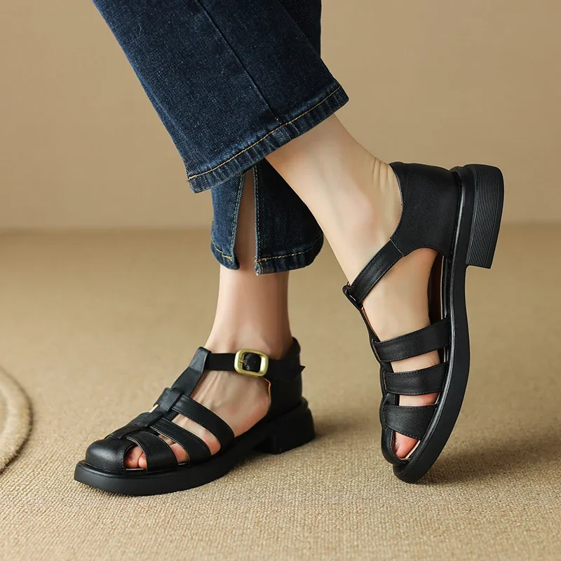 New Summer Sandals Genuine Leather Luxury Roman Sandals Casual Buckle Strap Summer Shoes GLADIATOR Thick Heel Women Shoes