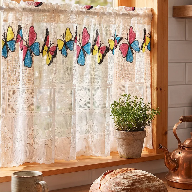 American American Country Butterfly Embroidery Lace Half Curtain Kitchen Bay Window Short Curtain No Punch Rod Pocket Home Decor - Aliexpress Deal