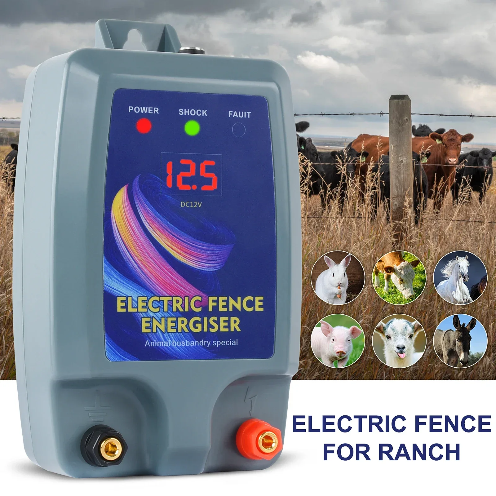 10KM Electric Fence Energizer High Voltage Controller Digital Display Panel Animal Poultry Farm Shepherd Livestock Fenceing Tool