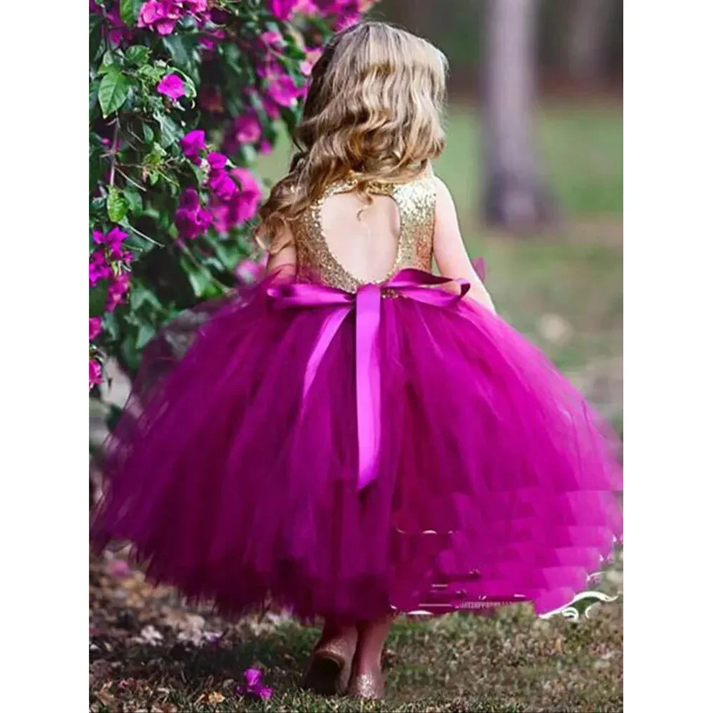 Cute Puffy Ball Gown Flower Girls Dresses For Wedding Gold Sequined Top Fuchsia Tulle Cheap Toddler Girls Pageant Gowns