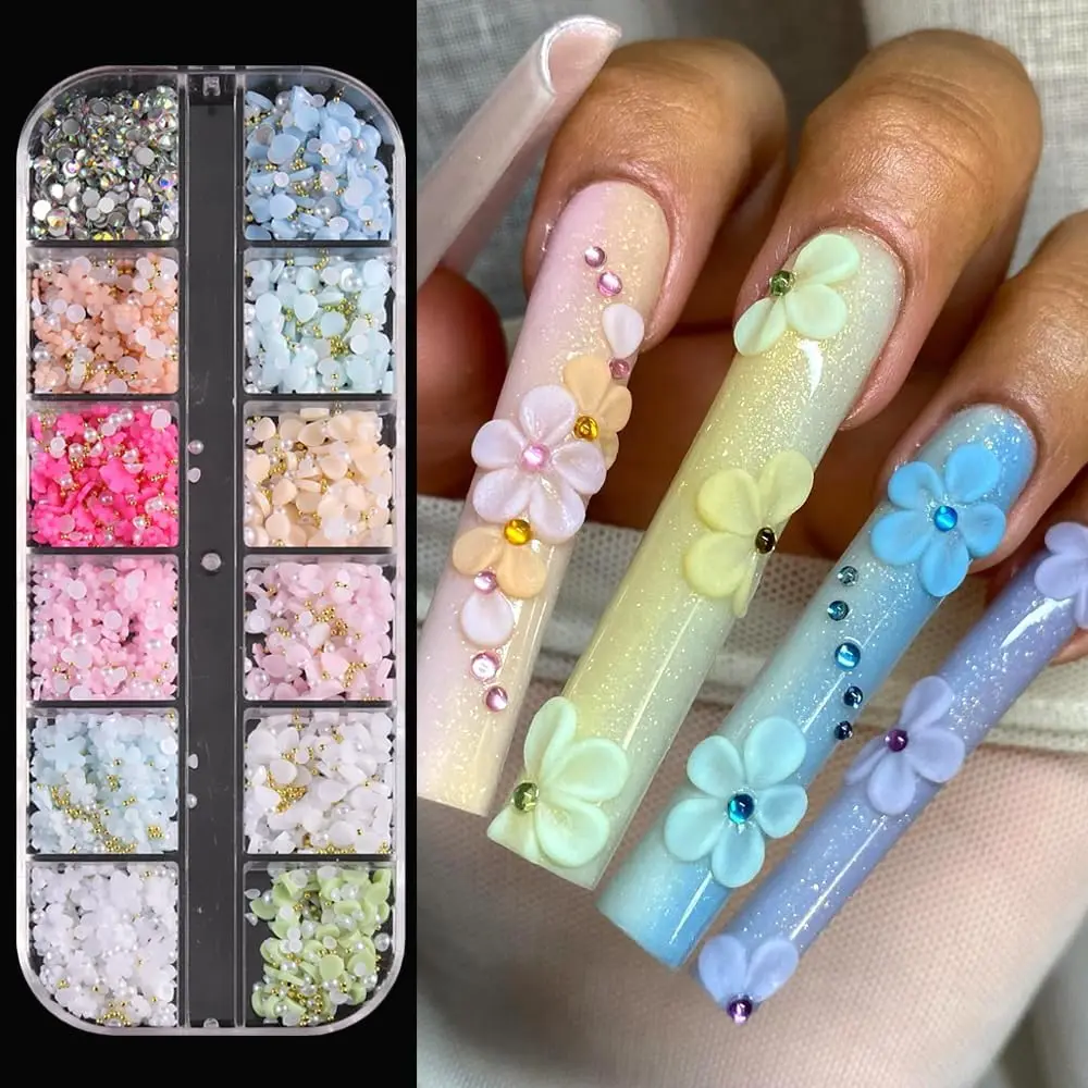 

1box 3D Resin Colorful Acrylic Petals Nail Art Rhinestones Mixed Gold Pearl Caviar Beads Nail Charms Acrylic Petals Nail Decora