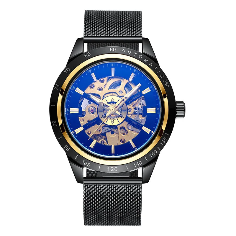 Men’s *Automatic Mechanical Watch Mesh Strap Skeleton Dial Luminous Transparent Case Luxury Wristwatch