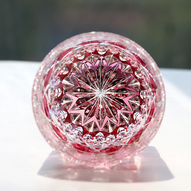 Gold Pink 320ml Whiskey Glass Hand Carved Chrysanthemum Star Pattern Edo Kiriko Japanese Crystal Tumbler Gift for Her