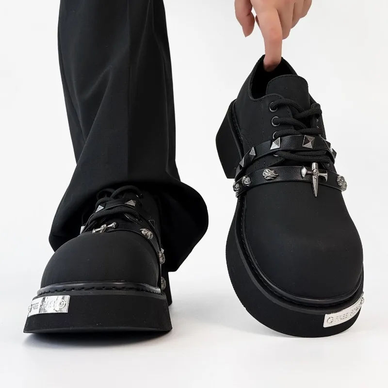 

Men's Women Thick-soled Big-head Retro Derby Shoes Fashion High Quality Leather Shoes Rivet Metal Decoration Men Women Sneakers