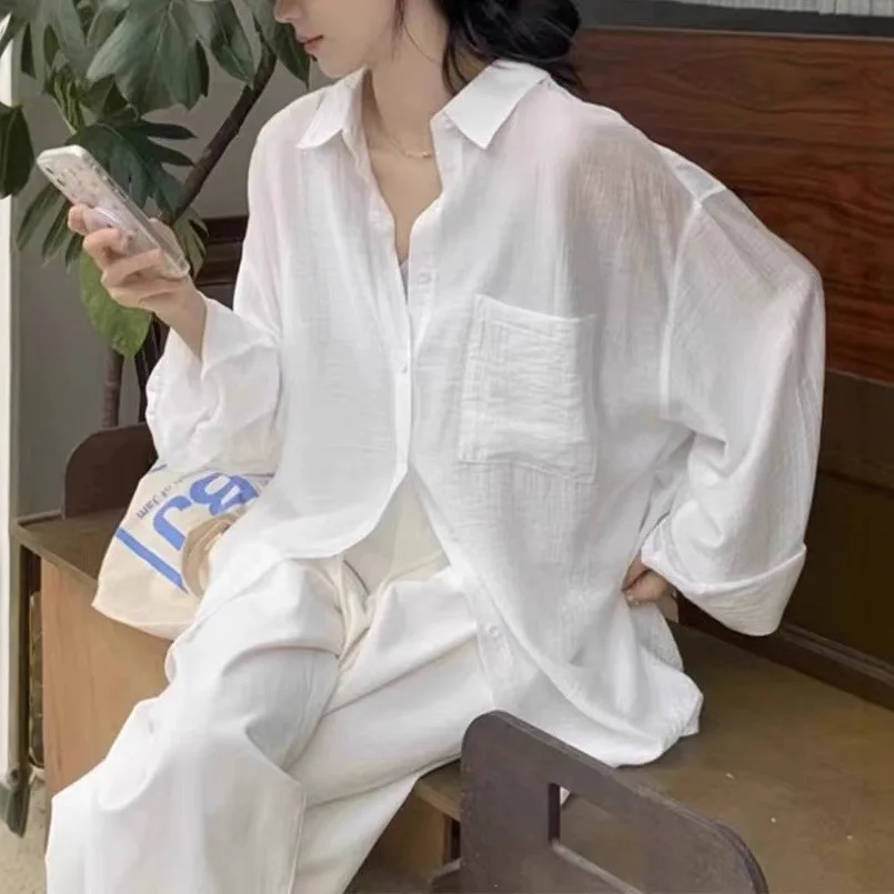 French-style White Cotton and Linen Sunscreen Shirt Jacket for Women, Summer Thin Style Outer Layer Cardigan Women's Shirt