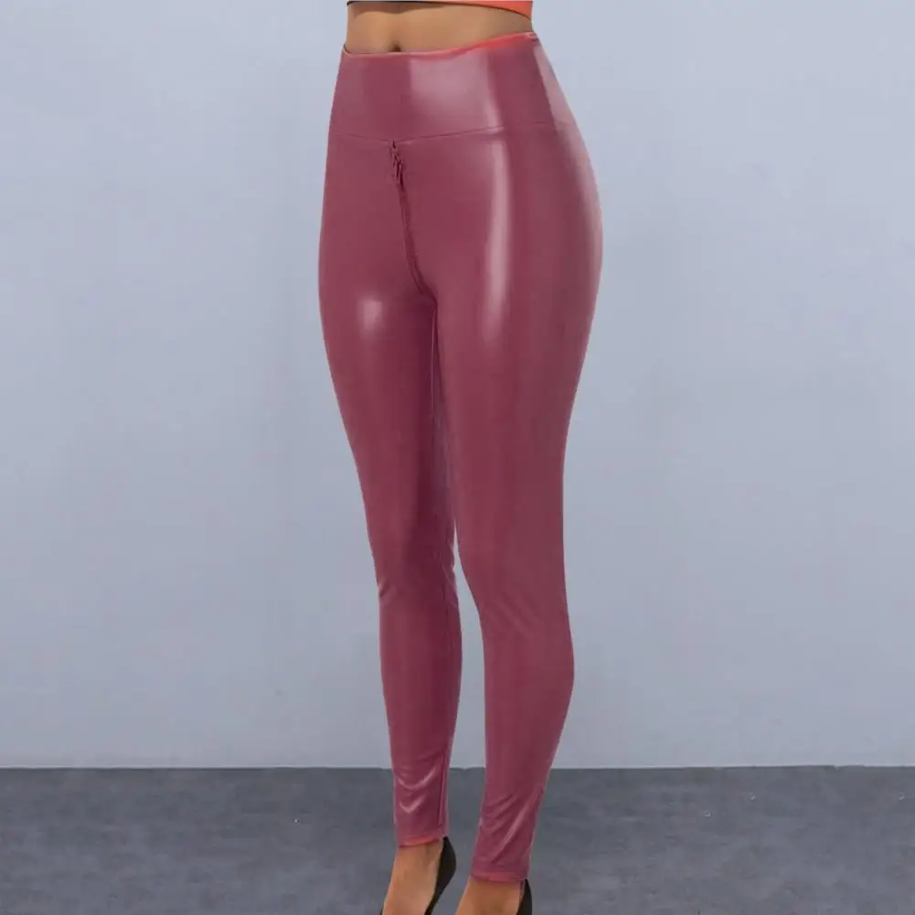 Calça apertada de couro falso feminina, calça virilha aberta com zíper, levantador de bumbum, bodycon exótico, controle de barriga, boate