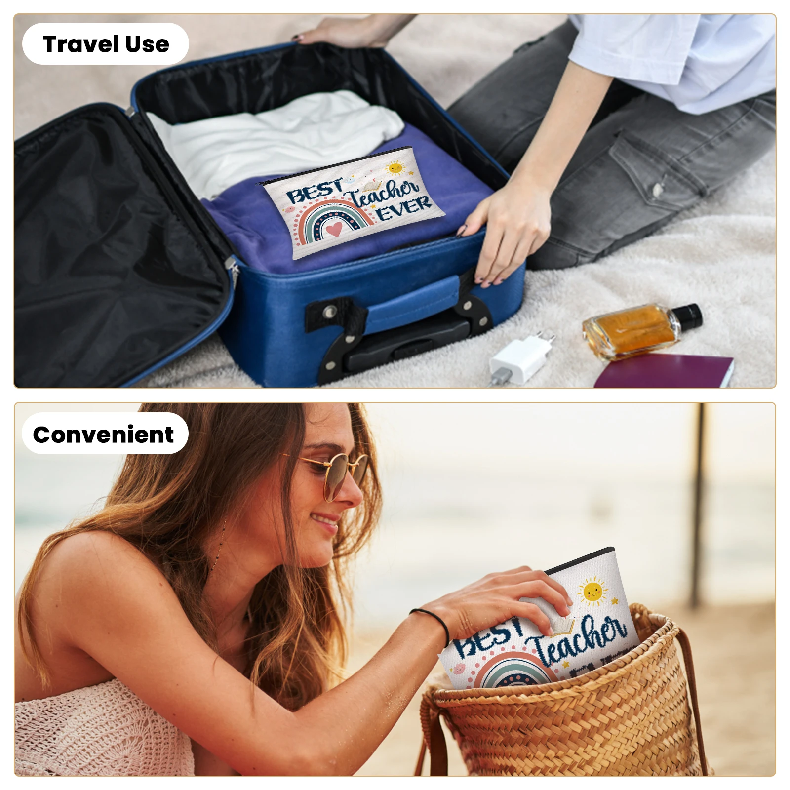 Teacher Appreciation Gifts Set, 6 PCS Makeup Cosmetic Bags with 6PCS Heart-Shaped Keychains with Diamonds, Valentines Graduation