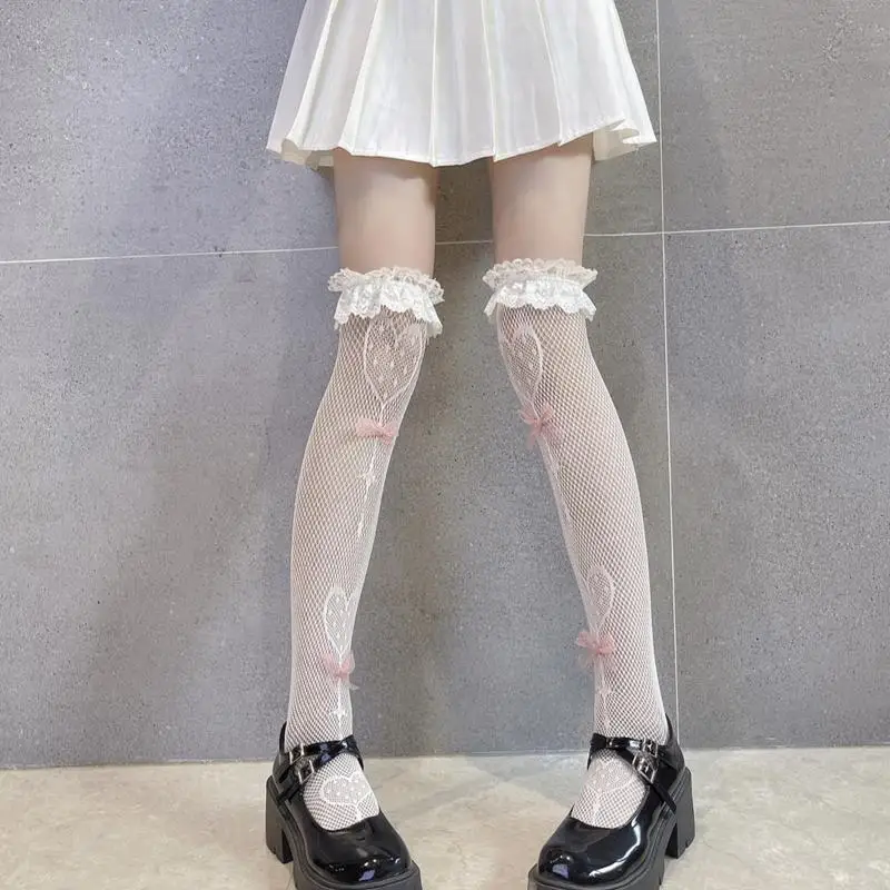 195E النساء لوليتا شبكة صيد السمك فوق جوارب الركبة القلب مصاصة الجاكار جوارب Bowknot