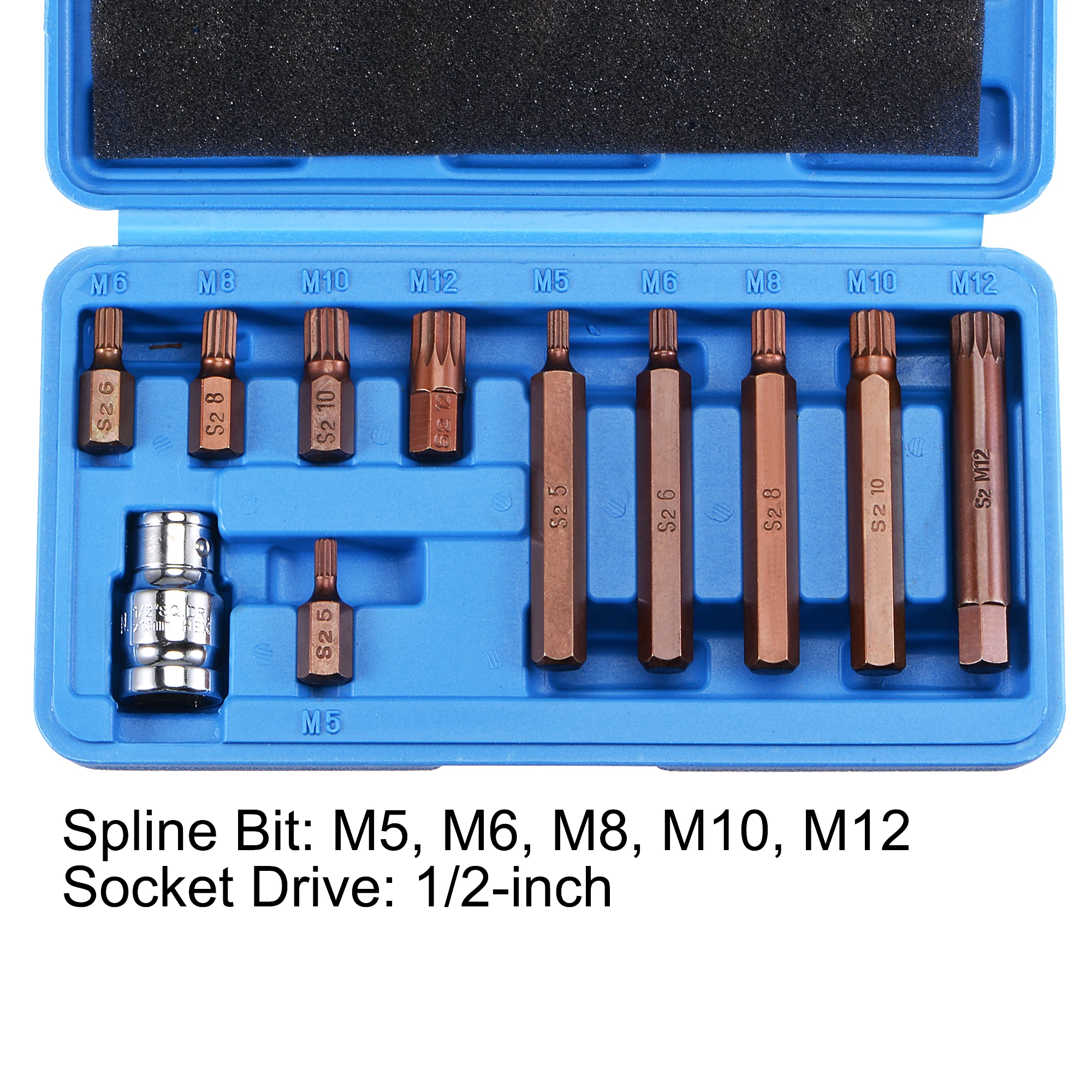 Uxcell 11pcs/set 1/2-Inch Triple Square Drive M5-M12 Spline Bit Set 10mm Hex Shank S2 Steel Bit & CR-V Socket For Hand Use Only