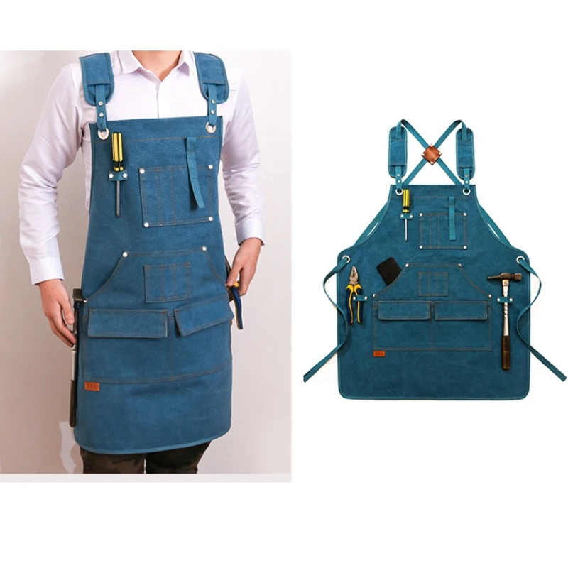 Durable Thickened Canvas Apron Adjustable Cross Back Tool Apron with Multiple Pockets For Woodworking Electrician Gardening