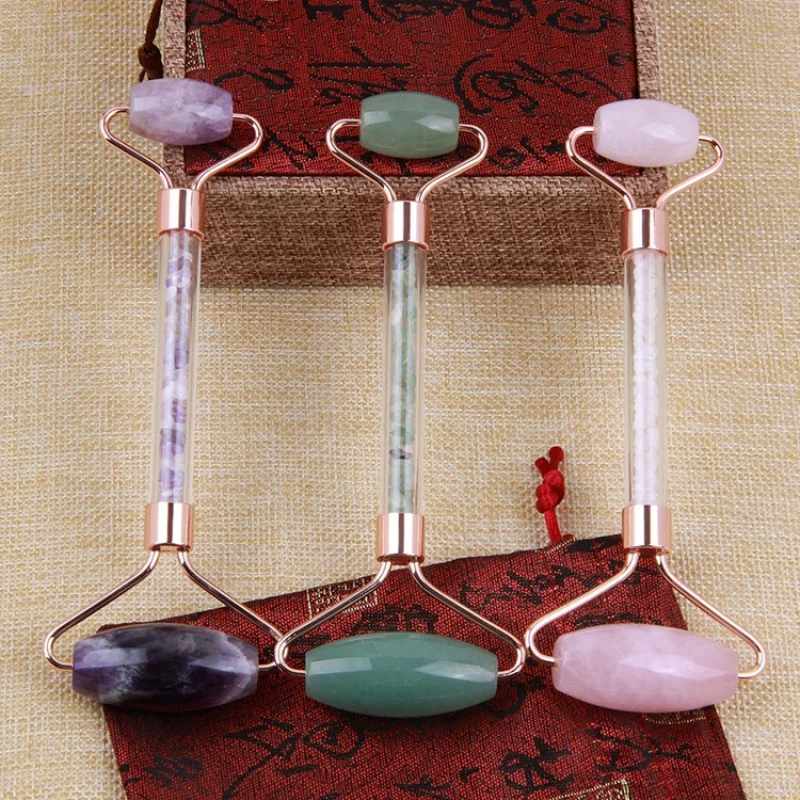 Rodillo masajeador de jade, rodillo de cuarzo rosa natural, barra de masaje facial de jade, venta al por mayor