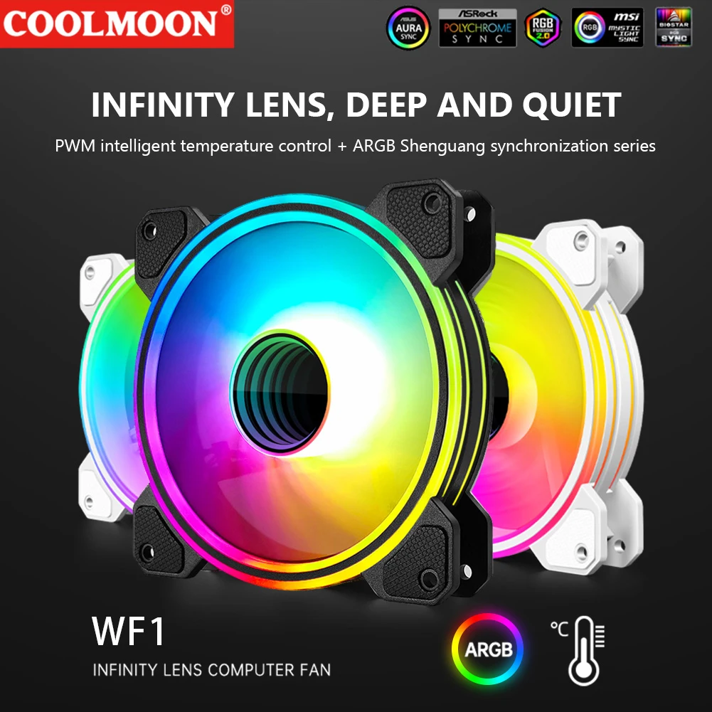 

COOLMOON WF1 12cm Chassis Cooler Radiator 4Pin PWM Silent Case Cooling Fan 5V 3Pin ARGB Aura Sync Hydraulic Bearing for Desktop
