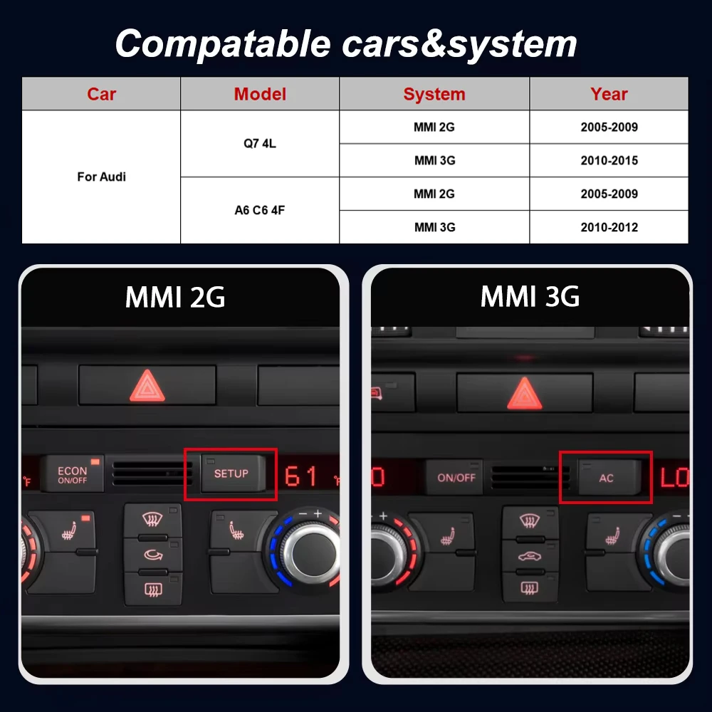 AUTOTOP: sistema inalámbrico CarPlay y Android Auto, radio para automóvil con pantalla táctil multimedia de 7 pulgadas y sistema Linux, compatible con Audi A6 C6 4F, Q7 4L, modelos 2005-2015, con MMI 2G, MMI3G, Airplay, Autolink, Mirror Link, Wifi, Bluetooth y GPS.