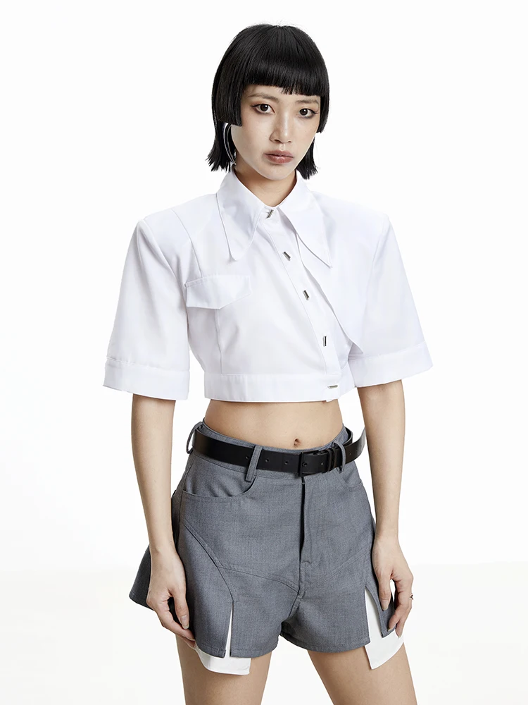 

TINY in Original Design White Asymmetrical ort Sve Women's irt Summer Versatile Belly Design ort Top Collar But...