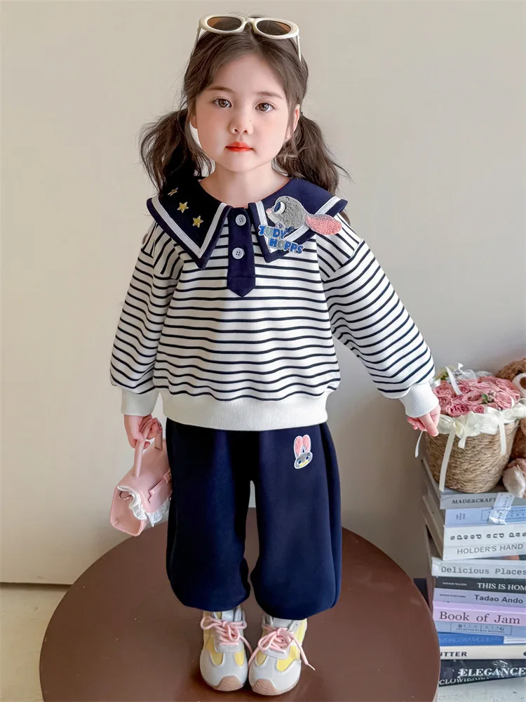 

Baby Girls Two Pieces Set Disney Rabbit Police Officer Long Sleeve Striped Pullover Tops+Pants Fashion Casual Children's Sets