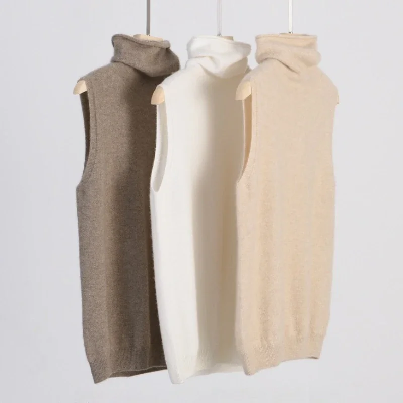 Women 100% Merino Wool Sleeveless Pullovers Turtleneck Sweater Waistcoat Wool Knitwear Spring Autumn Winter Fashion Vest Tops